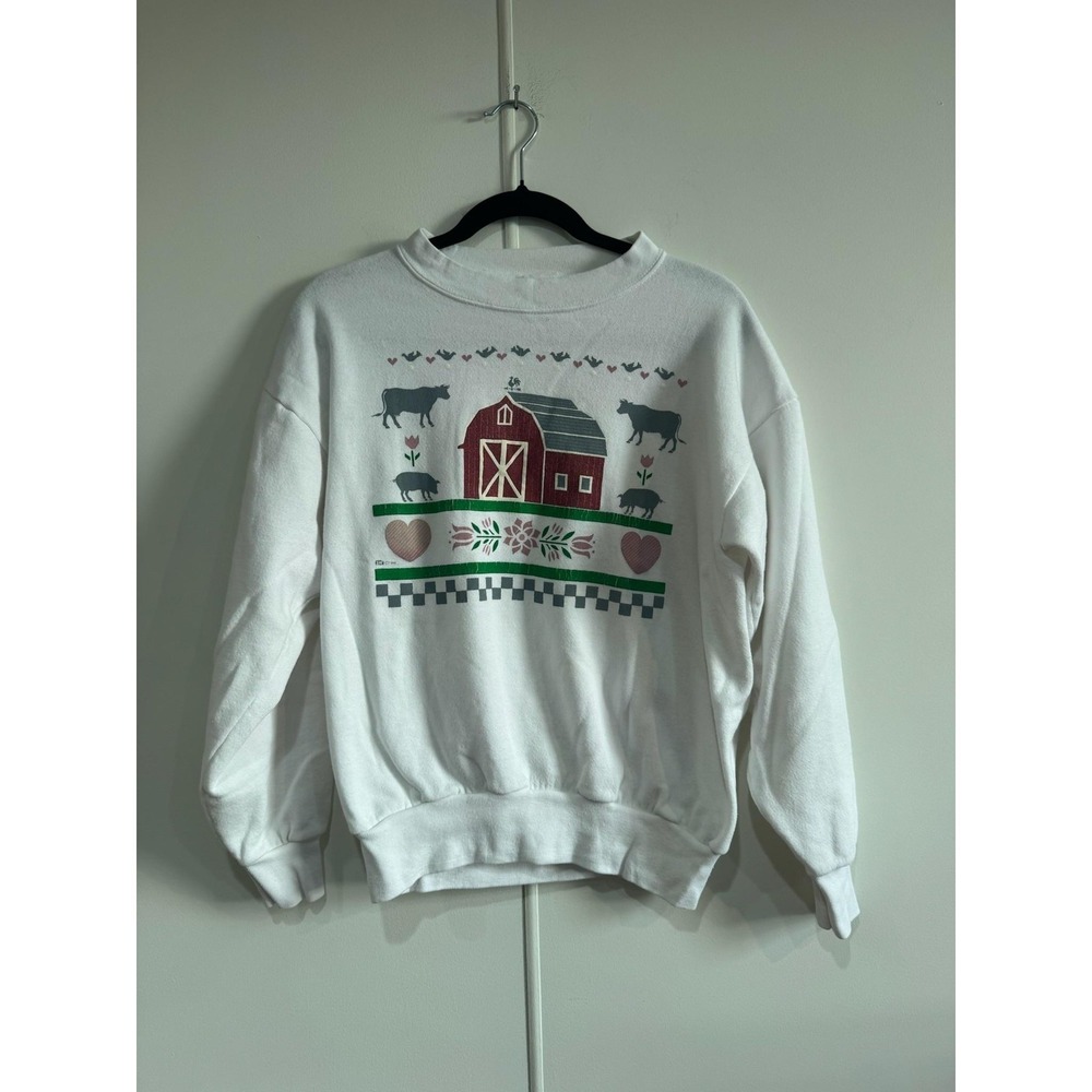 Vintage White Barn Farm Animal‎ Medium Sweatshirt Graphic Crewneck Pullover